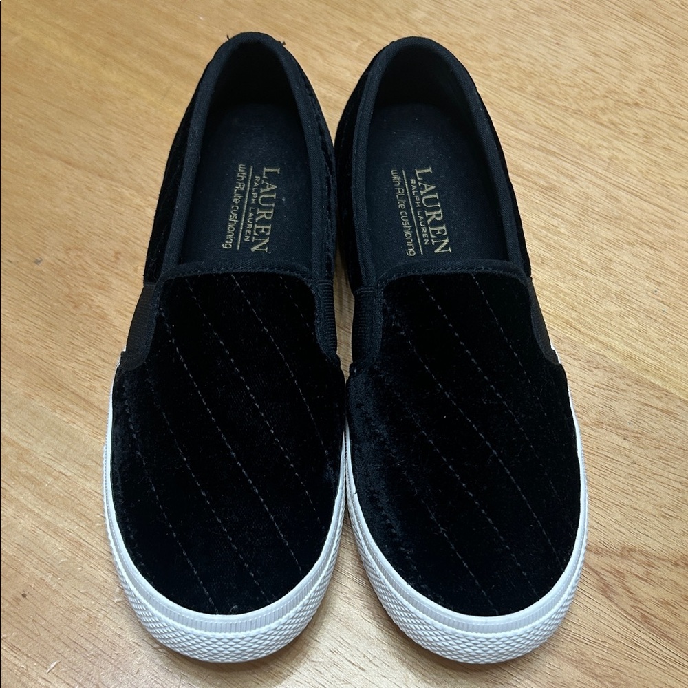 Lauren Ralph Lauren Black Velvet Slip-On Sneakers with White Soles